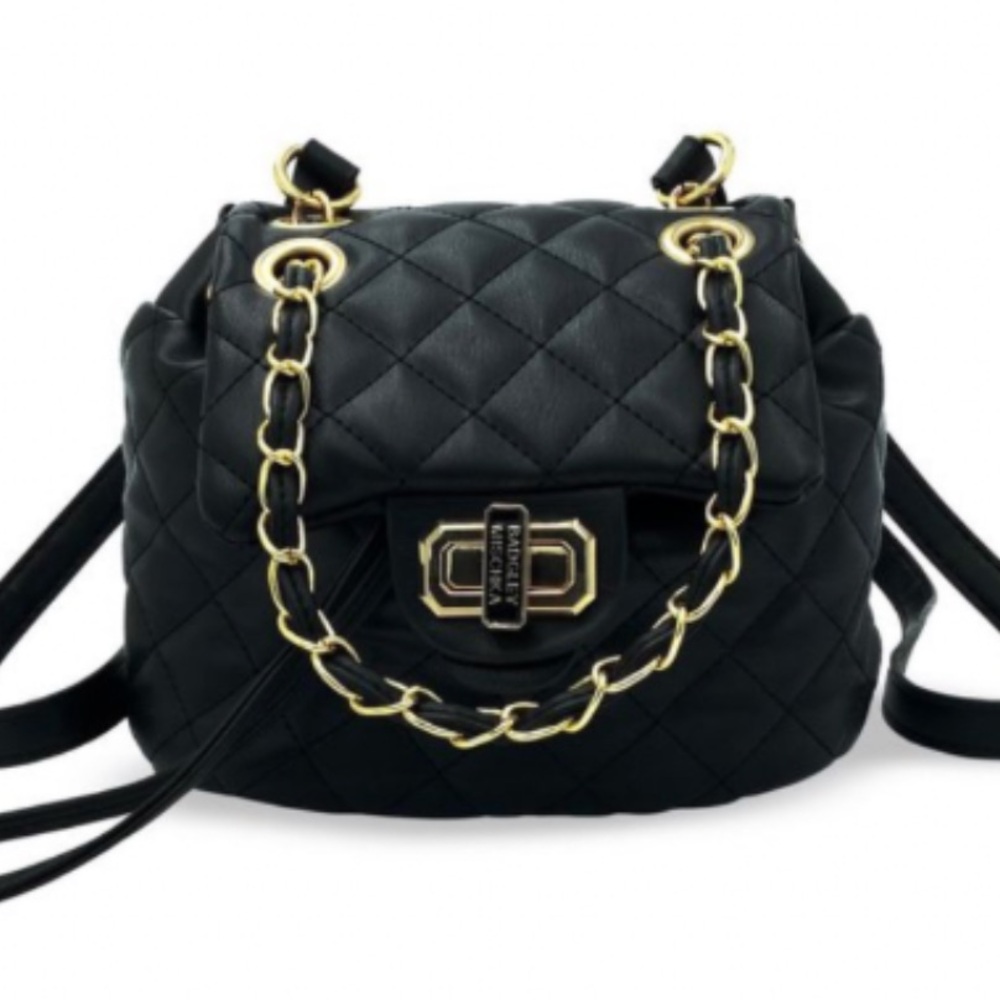 Badgley Mischka Black Quilted Backpack with Gold Chain